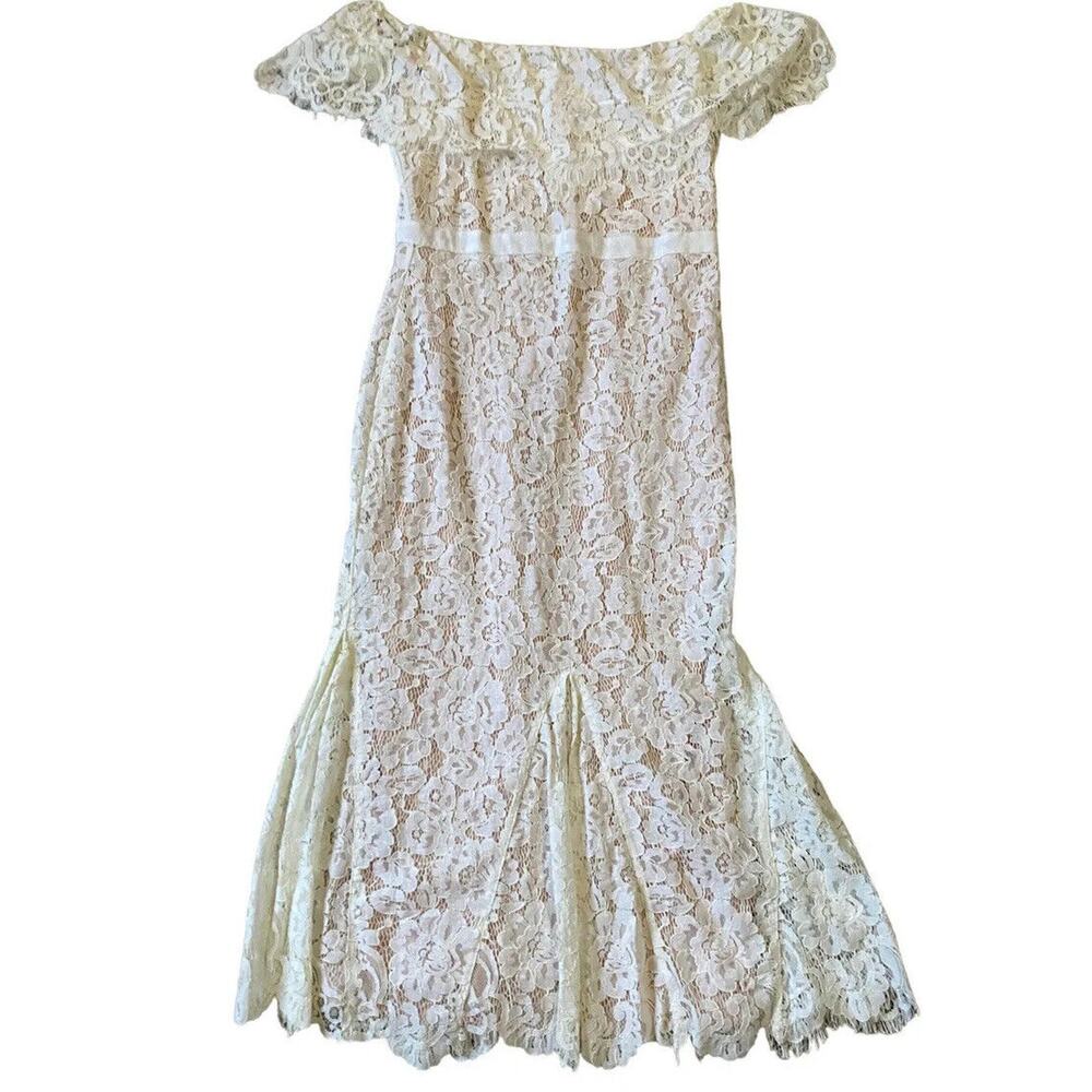 Just Me Lace Overlay Dress cream midi ruffle off shoulder Asos Wedding 6 Women
